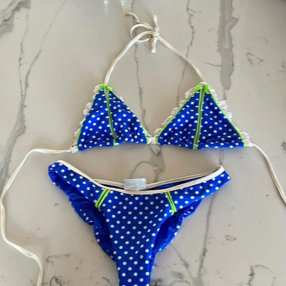 COPY - Beach Bunny Blue and Green Polka dot Sexy Bikini Set TOp L Bottoms M - Picture 1 of 9